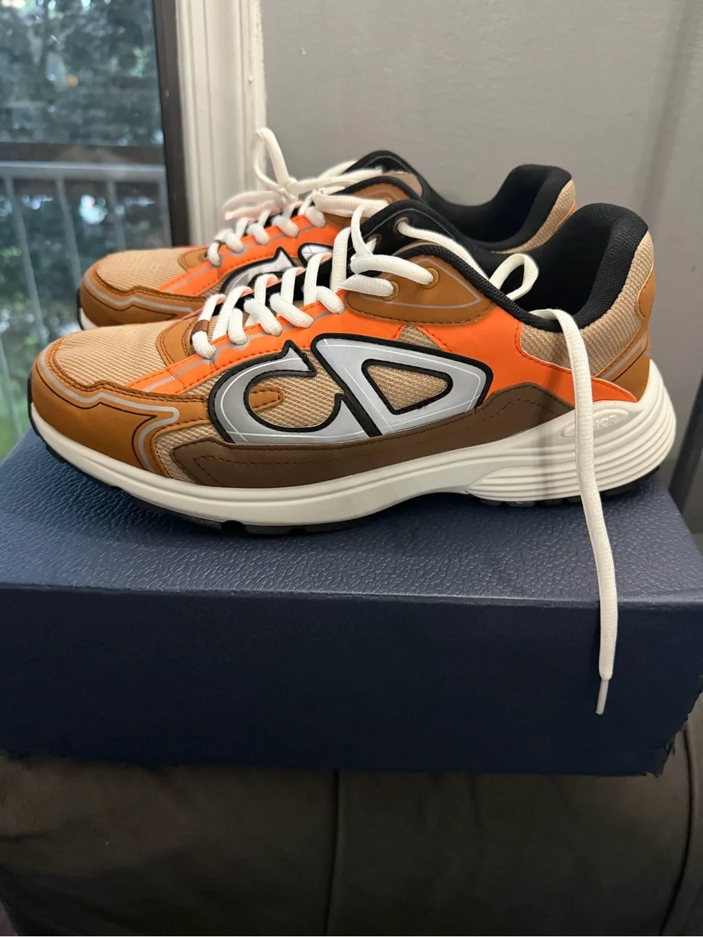 Dior Men’s Orange, Brown & Cream Mesh Leather Runner Sneakers